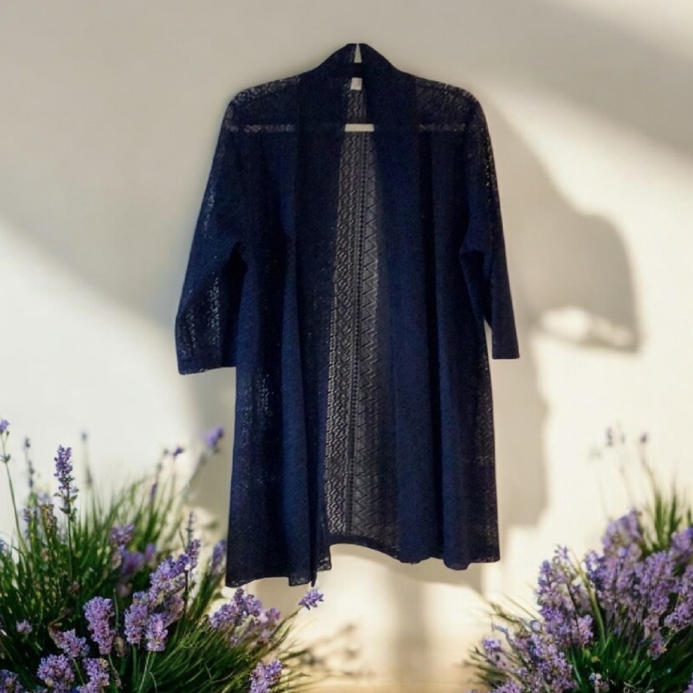Open crocheted look navy blue jacket by Shannon Ford size XL nice over dress